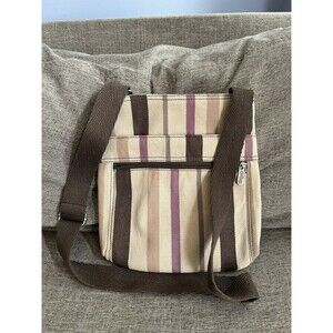 Thirty One Organizing Crossbody Tote In Purple Twill Stripe Adjustable Pockets